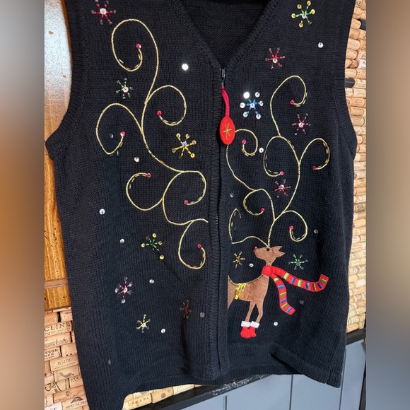 Vintage Kim Roger’s Holiday Reindeer sequined cotton blend zip vest sz M - Picture 3 of 8